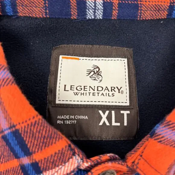 Legendary Mens XLT Orange Blue Plaid Fleece Lined Long Sleeve Shacket w/ Pockets - Picture 2 of 6